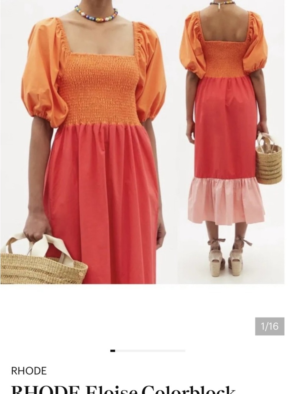 RHODE Colorblock Puff-Sleeve Midi Dress in Orange, Coral & Pink